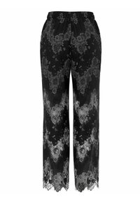 Czarne koronkowe spodnie z kwiatowymi wzorami, elastycznym pasem i szerokim, luźnym krojem. Koronkowa lamówka na dole dodaje misternych detali.