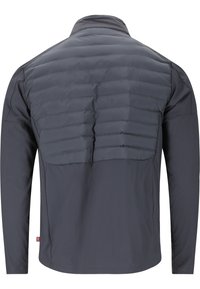 Veste homme gris foncé avec dos supérieur matelassé rembourré et dos inférieur en tissu lisse, manches longues et col montant.