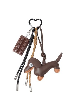 Hjärtformad svart karbinhake som håller en chokladkexnyckelring, två knopade snören och en brun hundformad lädernyckelring.