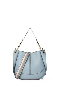 Borsa a spalla in pelle celeste con rifiniture marroni, dotata di una ampia tracolla a strisce in crema, pesca e beige. Dettagli in oro.