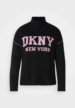 Černý pletený svetr s vysokým límcem a ribbovanými manžetami. Na přední straně se vyjímají růžové nápisy "DKNY NEW YORK".