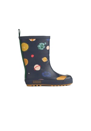 Rubberen regenlaars in marineblauw met kleurrijke planeetillustraties, groene accenten, een gestructureerde zool en een klein trekbandje. Logo aan de zijkant.