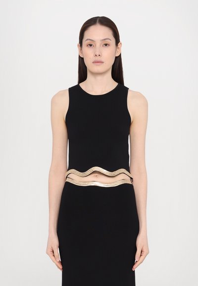 Black sleeveless dress with a wavy metallic gold accent at the waist, smooth texture, form-fitting design, and simple silhouette.