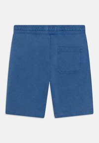 Niebieskie bawełniane szorty z elastycznym pasem, z jedną tylną kieszenią i gładką teksturą. Brak kieszeni z przodu oraz dodatkowych detali.