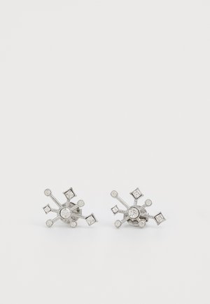 Silver earrings with a geometric design featuring circular and square clear gemstones, creating a starburst effect with varied textures.