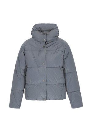 Giubbotto a piovra grigio con colletto alto, chiusura a bottoni a pressione e texture trapuntata. Presenta una forma quadrata e maniche leggermente accorciate.