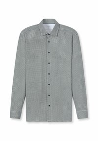 Langärmeliges Hemd aus leichtem Stoff mit geometrischem blau-weißem Muster, Kent-Kragen und dunklen Knöpfen.