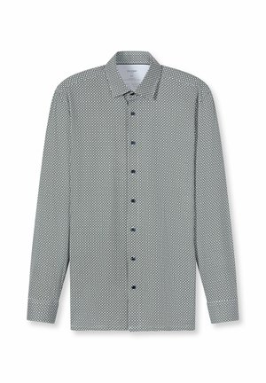 Langärmeliges Hemd aus leichtem Stoff mit geometrischem blau-weißem Muster, Kent-Kragen und dunklen Knöpfen.