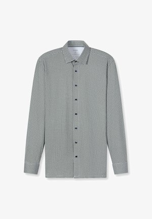 Lange mouwen shirt gemaakt van lichtgewicht stof, met een geometrisch blauw-wit patroon, een omgeslagen kraag en donkere knopen.