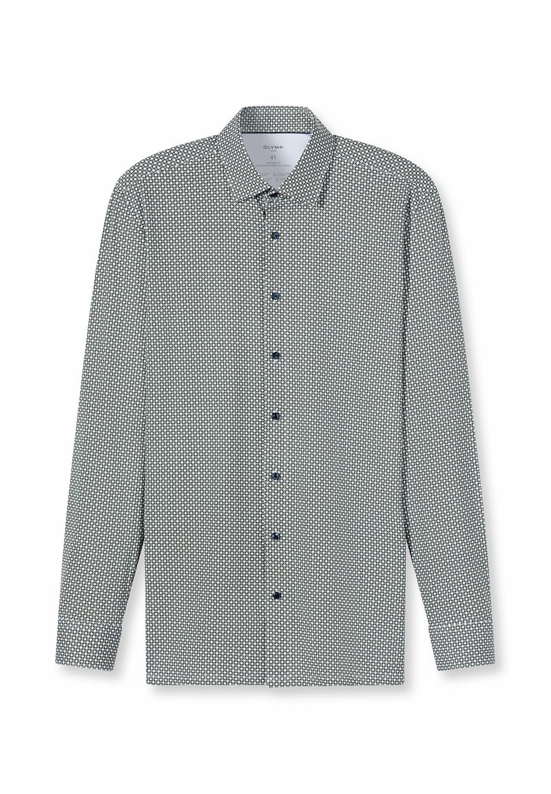 Langärmeliges Hemd aus leichtem Stoff mit geometrischem blau-weißem Muster, Kent-Kragen und dunklen Knöpfen.