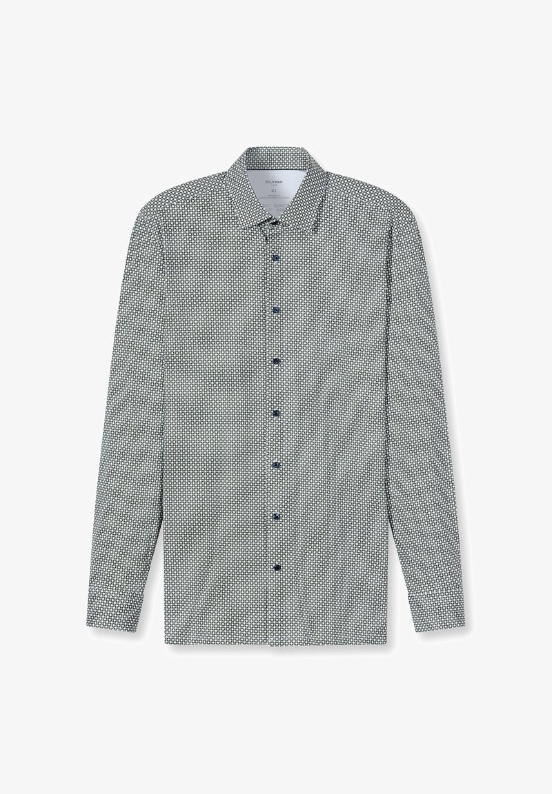 Langärmeliges Hemd aus leichtem Stoff mit geometrischem blau-weißem Muster, Kent-Kragen und dunklen Knöpfen.