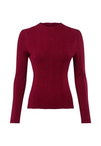 Pull à manches longues, côtelé, de couleur bordeaux foncé. Présente un col festonné et une silhouette ajustée, mettant en valeur un motif de tricot texturé.