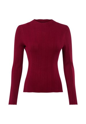 Pull à manches longues, côtelé, de couleur bordeaux foncé. Présente un col festonné et une silhouette ajustée, mettant en valeur un motif de tricot texturé.