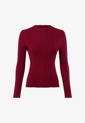 Ribbed, long-sleeve sweater in dark burgundy. Features a scalloped neckline and a fitted silhouette, showcasing a textured knit pattern.
