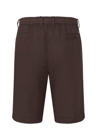 Braune Shorts aus leichtem Stoff, mit einem elastischen Bund, zwei Gesäßtaschen mit Knöpfen und einem geraden Schnitt.
