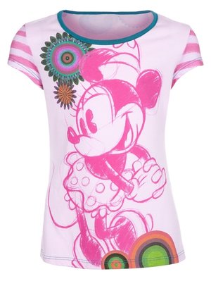 T-shirt à manches courtes rose avec un grand graphisme d'un personnage de dessin animé, accentué de cercles multicolores et d'un col turquoise.