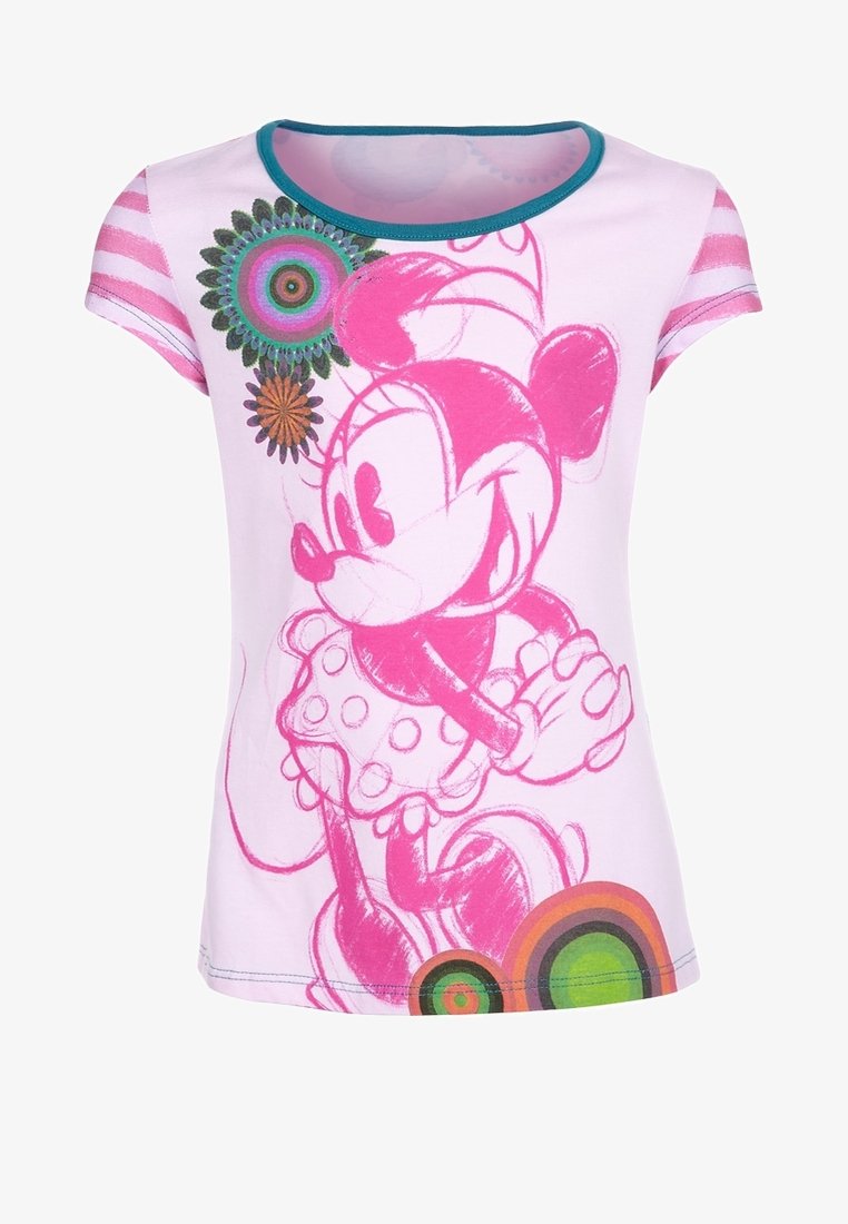 Rosa T-Shirt mit kurzen Ärmeln, das mit einer großen Grafik eines Cartoon-Charakters verziert ist, akzentuiert durch mehrfarbige Kreise und einem türkisfarbenen Ausschnitt.