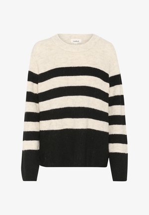 Black and cream striped sweater made of soft knit fabric; features a ribbed round neckline and a relaxed fit with dropped shoulders.