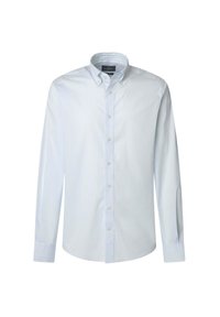 Camisa de botonadura azul claro a rayas, de manga larga, con cuello clásico, hecha de algodón, presenta botones blancos y un corte estructurado.