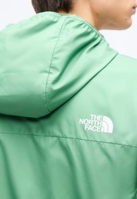 Άτομο που φοράει μπουφάν με κουκούλα σε μέντα χρώμα, με το λογότυπο "The North Face" στο πάνω μέρος της πλάτης, στραμμένο ελαφρώς προς τα δεξιά.