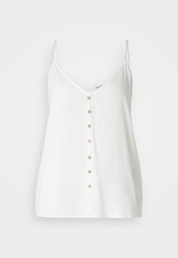 Top bianco senza maniche con scollo a V, caratterizzato da una fila centrale di sei piccoli bottoni beige, realizzato in un tessuto leggero con una sottile texture.