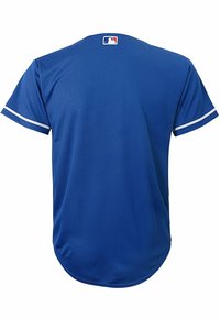 Blauw honkbalshirt van ademend materiaal, met korte mouwen met witte bies en een ronde zoom. Logo op de achterkant van de nek.