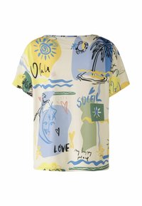 Top a maniche corte, con vestibilità ampia, in tessuto crema che presenta un motivo colorato di sole, palme e forme astratte nei toni del blu, giallo e verde.