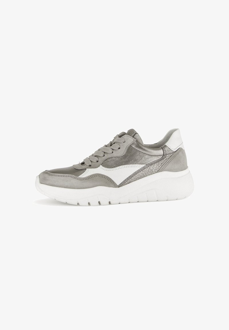 Grey suede and leather sneaker with white accents, thick textured sole, rounded shape, and lace-up front design.