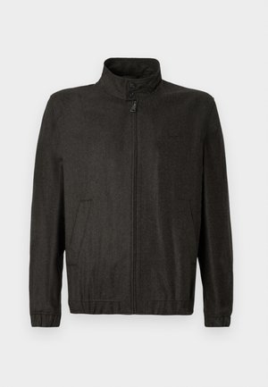 Dark gray zip-up jacket with high collar, two side pockets, and button details on collar, shown on plain white background.