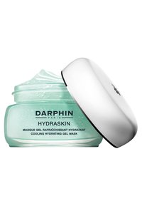 Maska żelowa DARPIN Hydraskin chłodząca nawilżająca w przezroczystym szklanym słoju, z gładką, srebrną nakrętką i widoczną wewnątrz jasnozieloną żelową konsystencją.