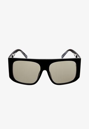 Sorte oversized solbriller med rektangulære rammer, mørkt tonede linser og blank finish. Linsen er flade og brede, hvilket giver fuld øjenbeskyttelse.