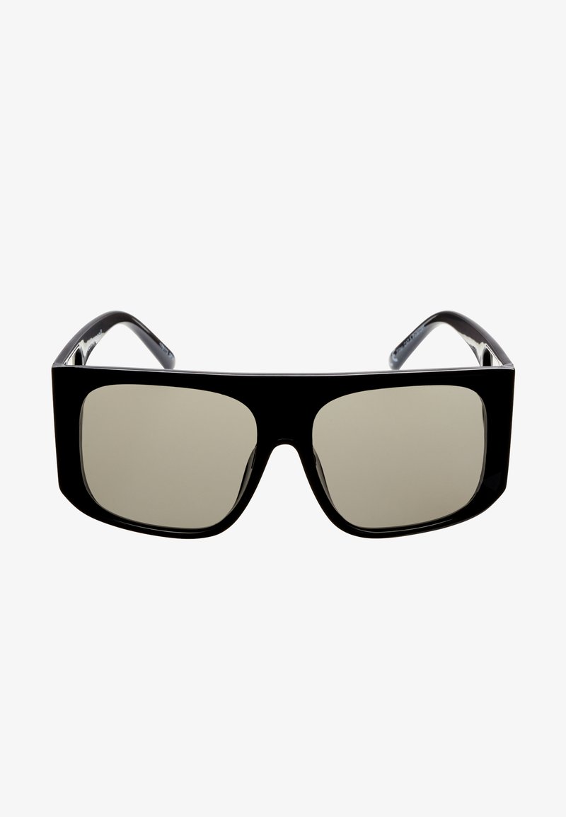 Mustat ylisuuruiset aurinkolasit, joissa on suorakulmaiset kehykset, tummat linssit ja kiiltävä pinta. Linssit ovat tasaisia ja leveitä, tarjoavat täydellisen silmien suojan.