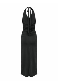 Robe noire à col halter avec détail froncé au dos et ourlet à la cheville, nouée au cou avec de longues lanières.