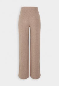 Beiga vida byxor i ribbat tyg med hög midja och mjuk textur. Rak ben med ingen synlig hårdvara eller dekorationer.