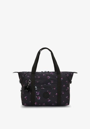 Sac de sport noir avec un motif floral, en tissu, avec des doubles poignées supérieures, une poche zippée et un accent logo rond à l'avant.