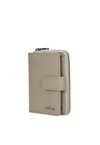 Portefeuille compact en cuir beige avec fermeture par bouton-pression et fermeture éclair, avec le nom de la marque "wojas" en lettres métalliques.
