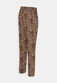 Lepardmönstrade byxor i beige och bruna nyanser. Elastisk midja och rak bendesign. Släthet med en mjuk textur.