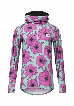 Langärmliges Oberteil aus weichem Stoff, mit einem hellblauen Hintergrund und großen rosa Blumenmustern sowie einer schwarz umrandeten Kapuze.