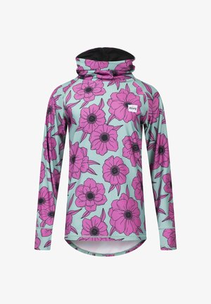 Langärmliges Oberteil aus weichem Stoff, mit einem hellblauen Hintergrund und großen rosa Blumenmustern sowie einer schwarz umrandeten Kapuze.