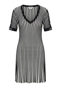Robe à manches courtes à rayures verticales noires et blanches avec col en V, boutons dorés sur les manches et logo Liu Jo sur les poignets et l'étiquette du col.