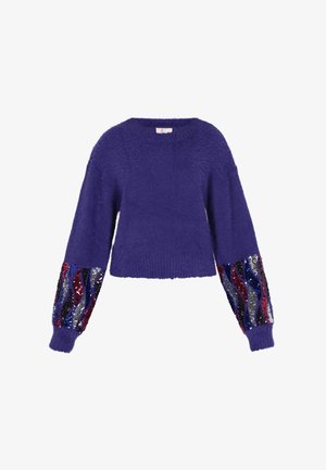 Maglione corto viola realizzato in materiale morbido, con maniche lunghe decorate da motivi ondulati in paillettes rosse, blu e argento.
