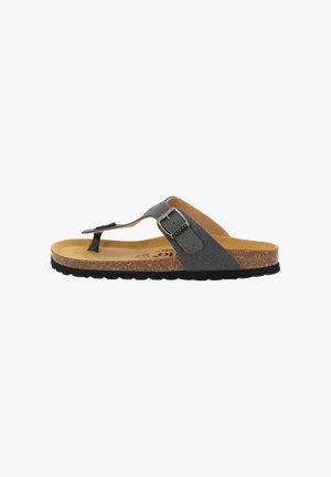 Slide sandal with black textured straps, adjustable buckle, and cork footbed. Rubber outsole for traction, brown interior, minimalist design.