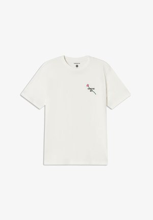 White cotton t-shirt with a crew neck, featuring green and red embroidery of a flower and text "THINKING MU" on the left chest.