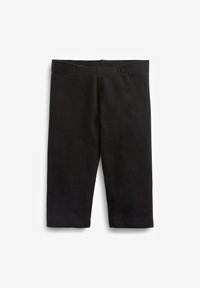 Schwarze Baumwollleggings, mit halblanger Länge bis zur Wade, mit einem elastischen Bund. Glatte Textur in einfarbig ohne sichtbare Muster oder Metallteile.