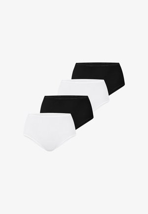 Fire højtaljede trusser i vekslende sort og hvid farve, stablet diagonalt på en hvid baggrund.