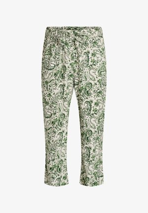 Pantaloni crema tagliati con stampa floreale paisley verde, vita elastica e cintura frontale in tessuto annodata.