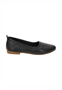 Elegante scarpa nera in pelle liscia, con punta rotonda, cuciture sottili e un design minimalista con un tacco piccolo.