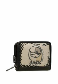 Cartera negra y crema con cremallera. Presenta una ilustración de una cara de caricatura y el texto "Elige brillar". Fabricada con material sintético.