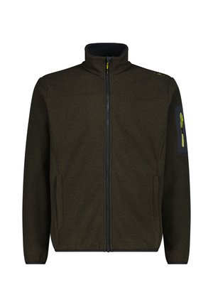 Dunkelgrüne Fleecejacke mit durchgehendem Reißverschluss, hohem Kragen, Seitentaschen und einer Reißverschlusstasche am linken Ärmel mit grünem Zipper.