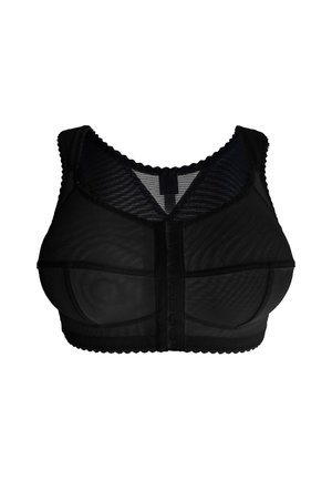 Reggiseno nero in materiale mesh, con spalline larghe, bordi ondulati, chiusura frontale a gancio e cuciture nei coppe per un supporto strutturato. Dettagli in pizzo testurizzato.